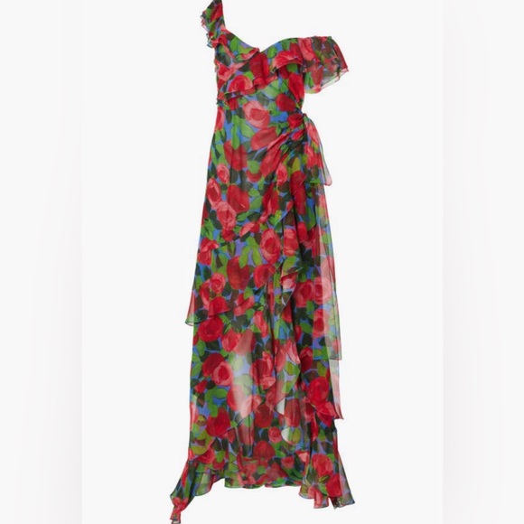 NWT $3990 Carolina Herrera Rose Print Ruffle One Shoulder Silk Gown in size 6! - Picture 4 of 4